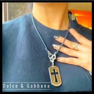 Vintage Dolce & Gabbana Dog Tag Metal Cross Necklace with Leather Rope Y2K